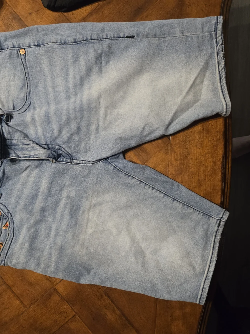 True Religion Light Blue Jean Shorts with Multicolor Back Stitching